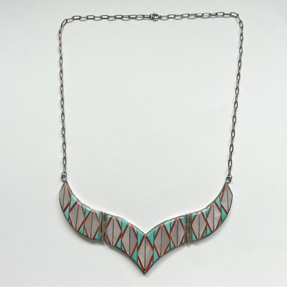 Vintage Signed Zuni Turquoise Mother Pearl Coral Inlay Sterling Silver Necklace - Picture 6 of 15